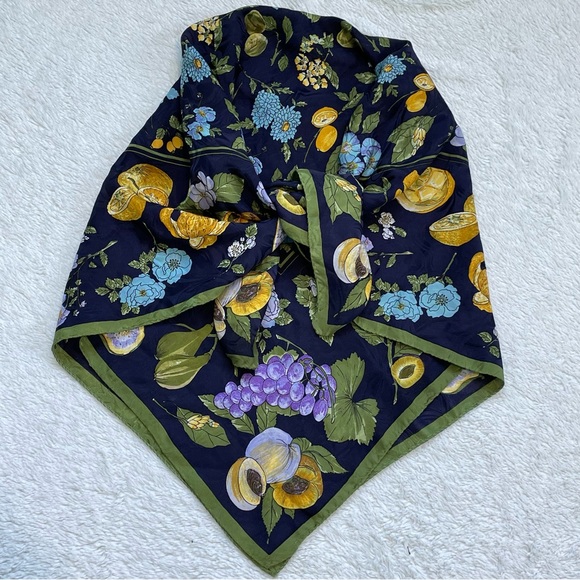 Navy Blue Floral Citrus Fruits Silky Head Wrap/Scarf - Picture 5 of 6